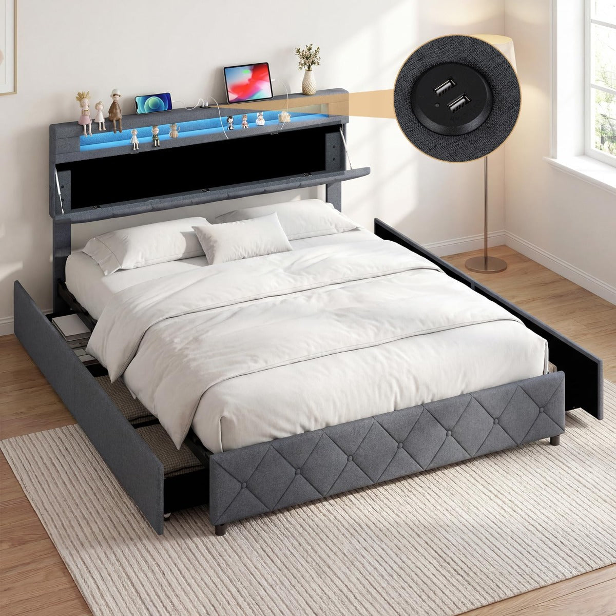Livsk costway tweepersoonsbedframe met ledverlichting en usb aansluitingen modern platformbed met lades en verstelbaar opbergvak in het hoofdeinde 160 x 200 6
