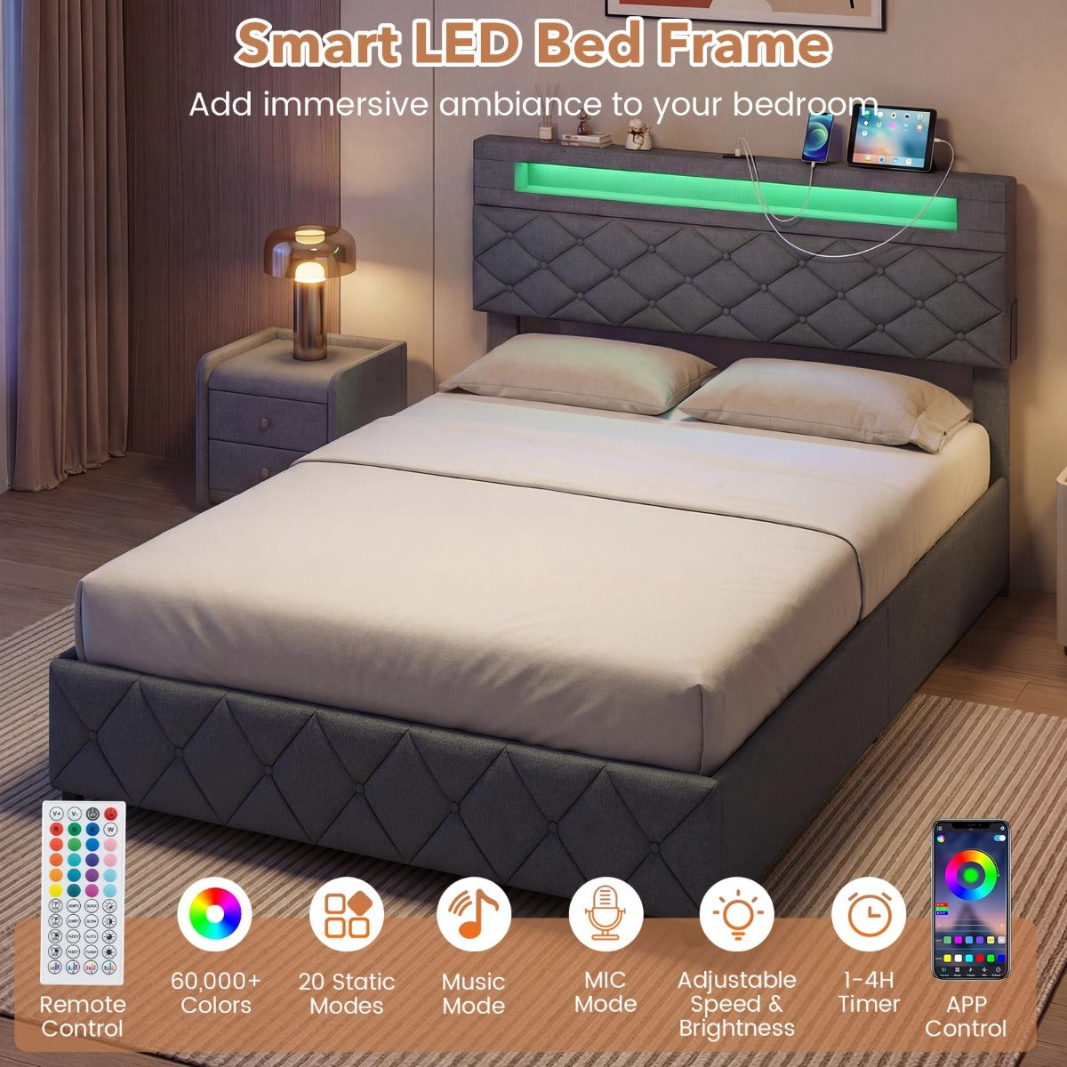Livsk costway tweepersoonsbedframe met ledverlichting en usb aansluitingen modern platformbed met lades en verstelbaar opbergvak in het hoofdeinde 2