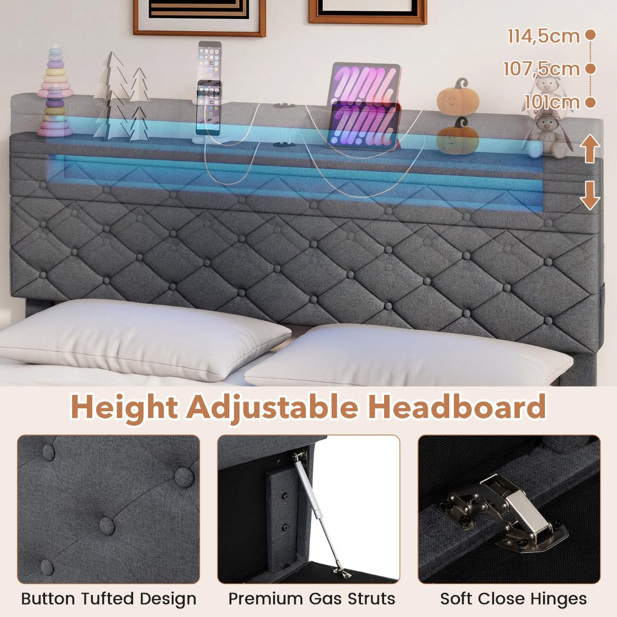 Livsk costway tweepersoonsbedframe met ledverlichting en usb aansluitingen modern platformbed met lades en verstelbaar opbergvak in het hoofdeinde 5