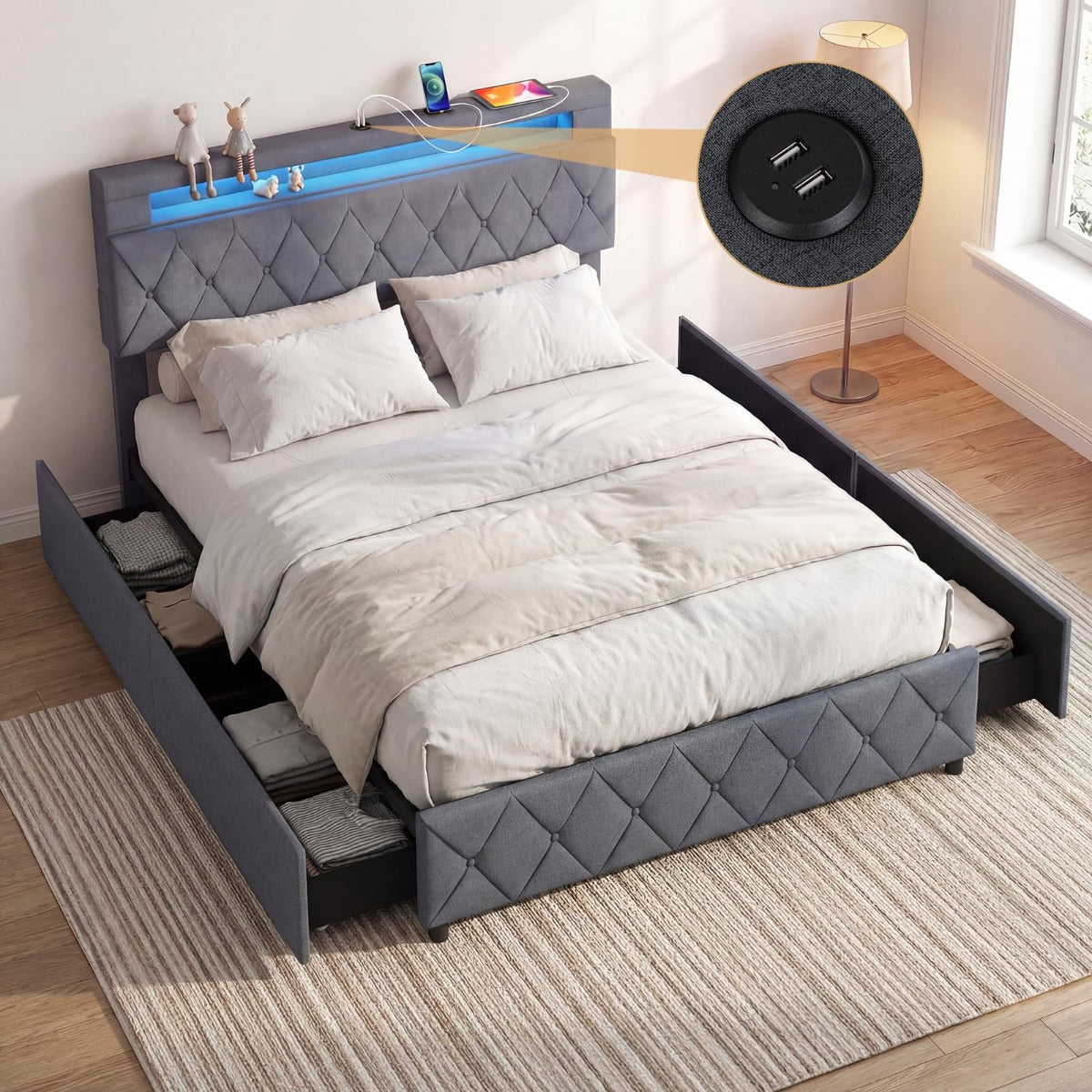 Livsk costway tweepersoonsbedframe met ledverlichting en usb aansluitingen modern platformbed met lades en verstelbaar opbergvak in het hoofdeinde 6