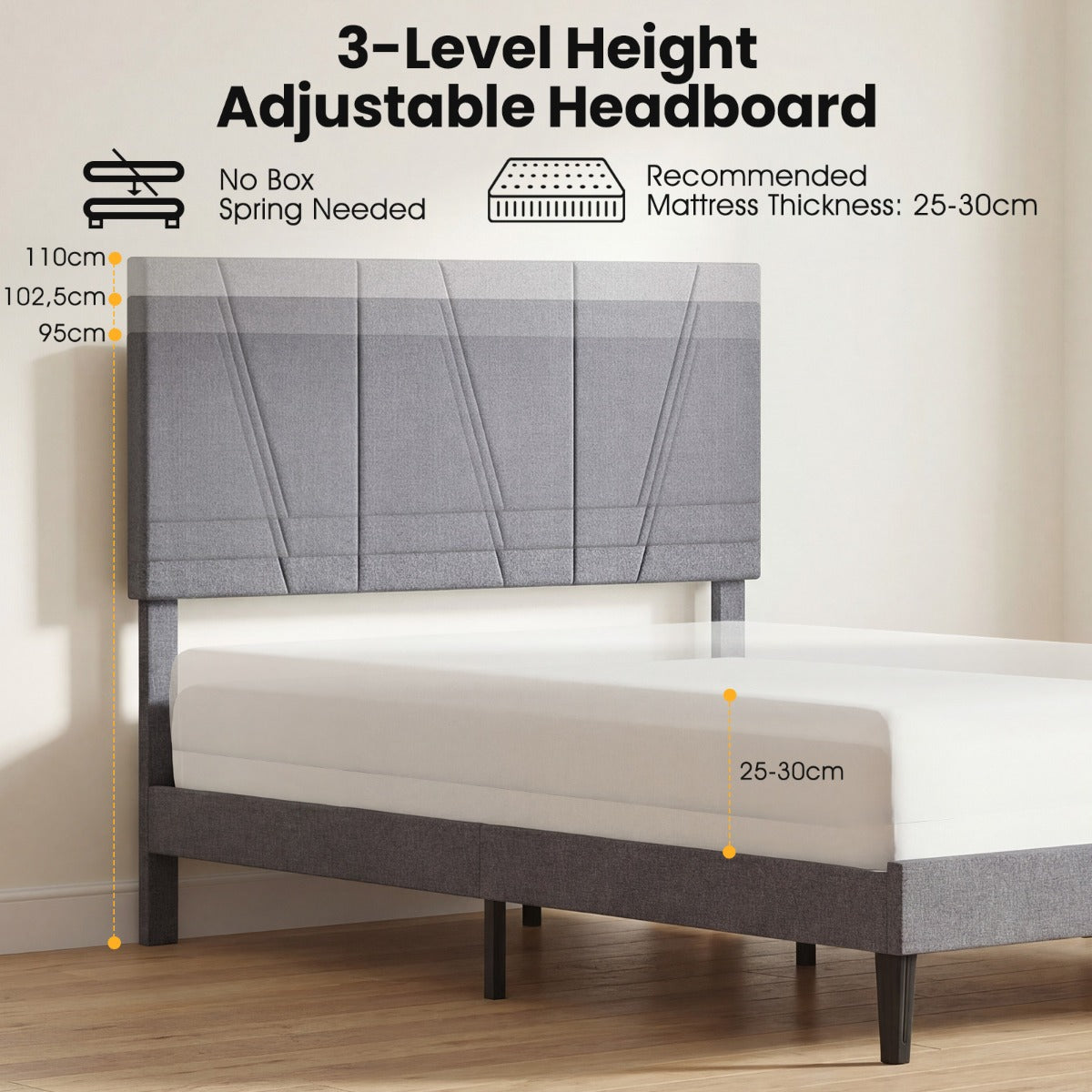 Livsk costway tweepersoonsbedframe met linnen bekleed platformbed met in hoogte verstelbaar geometrisch hoofdeinde 200 x 140 cm 2