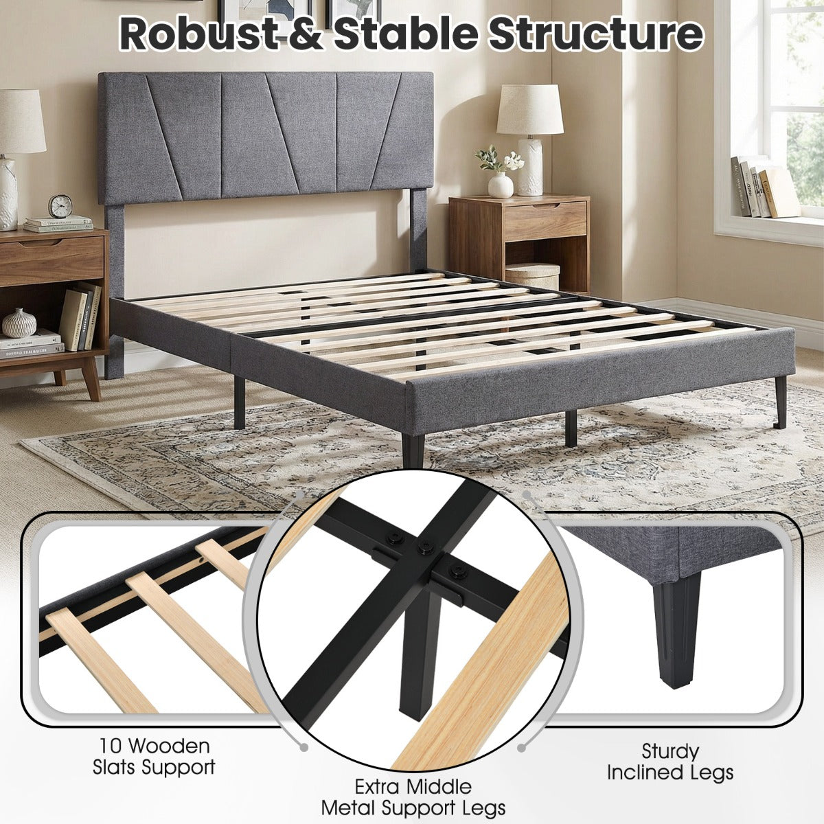 Livsk costway tweepersoonsbedframe met linnen bekleed platformbed met in hoogte verstelbaar geometrisch hoofdeinde 200 x 140 cm 4