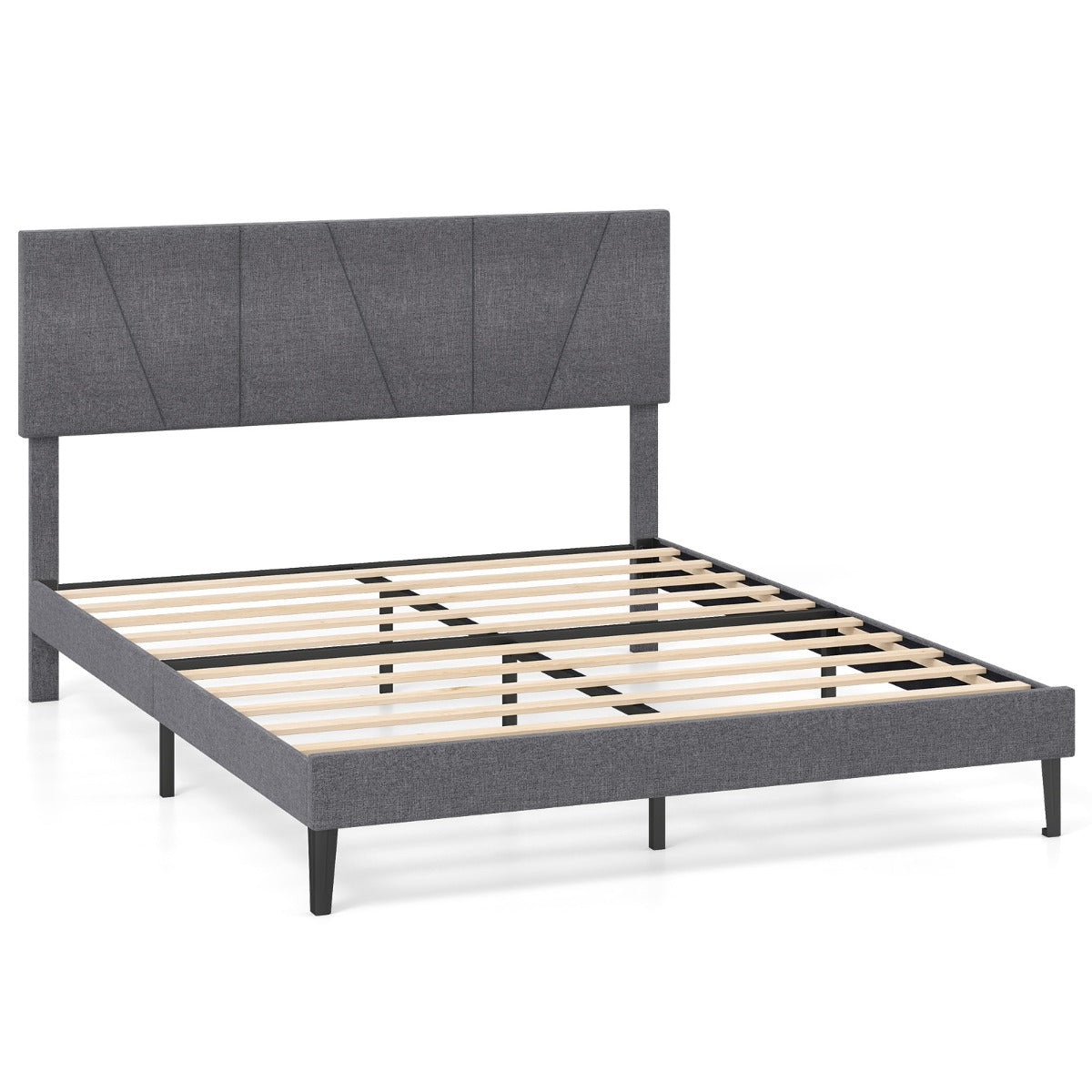 Livsk costway tweepersoonsbedframe met linnen bekleed platformbed met in hoogte verstelbaar geometrisch hoofdeinde 200 x 160 cm