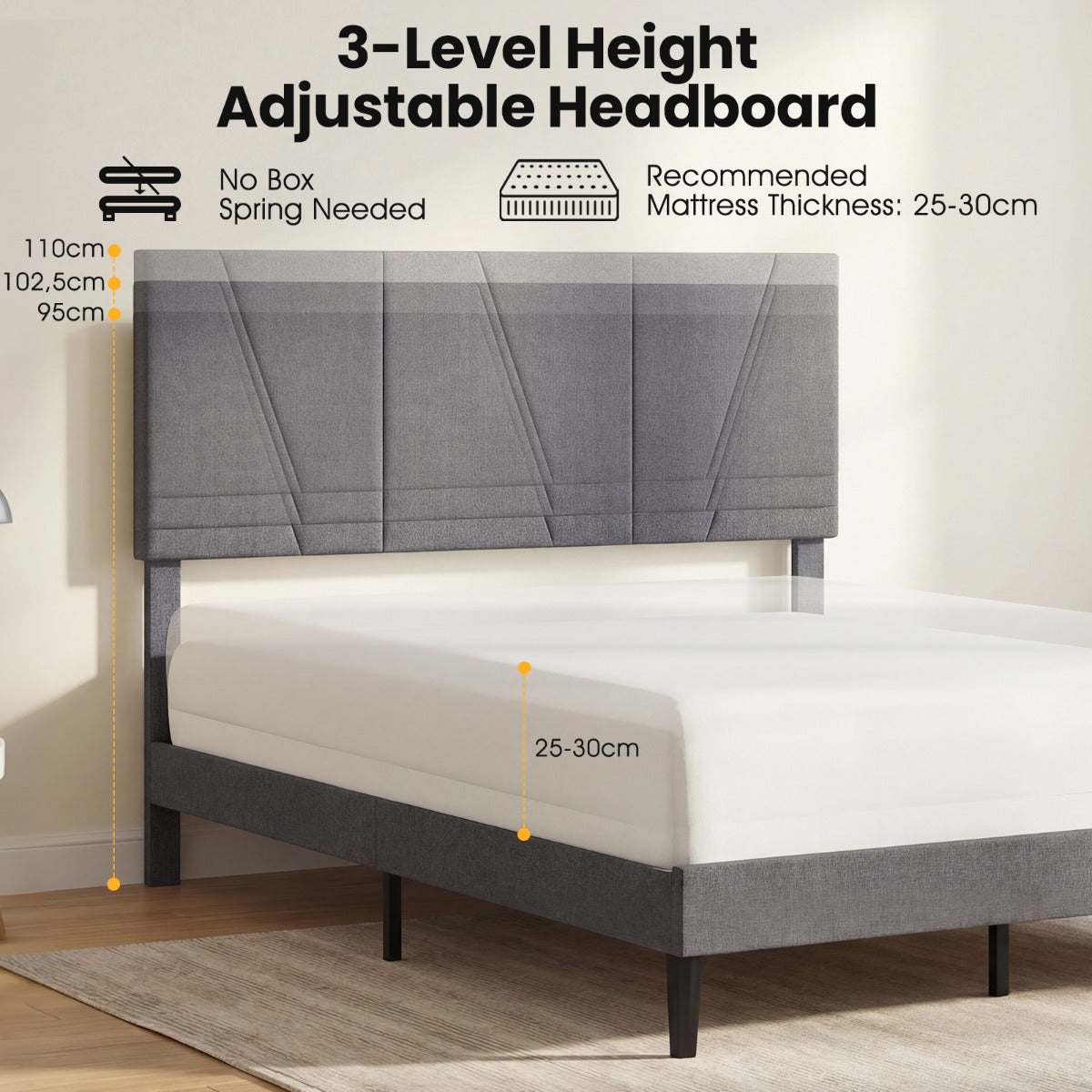 Livsk costway tweepersoonsbedframe met linnen bekleed platformbed met in hoogte verstelbaar geometrisch hoofdeinde 200 x 160 cm 3