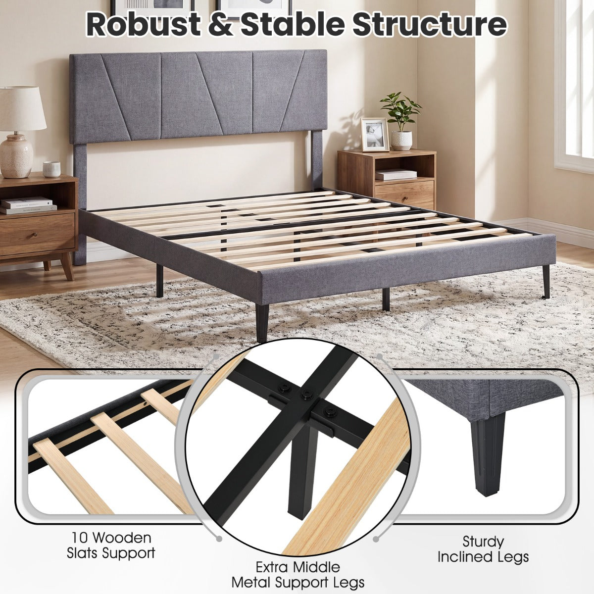 Livsk costway tweepersoonsbedframe met linnen bekleed platformbed met in hoogte verstelbaar geometrisch hoofdeinde 200 x 160 cm 4