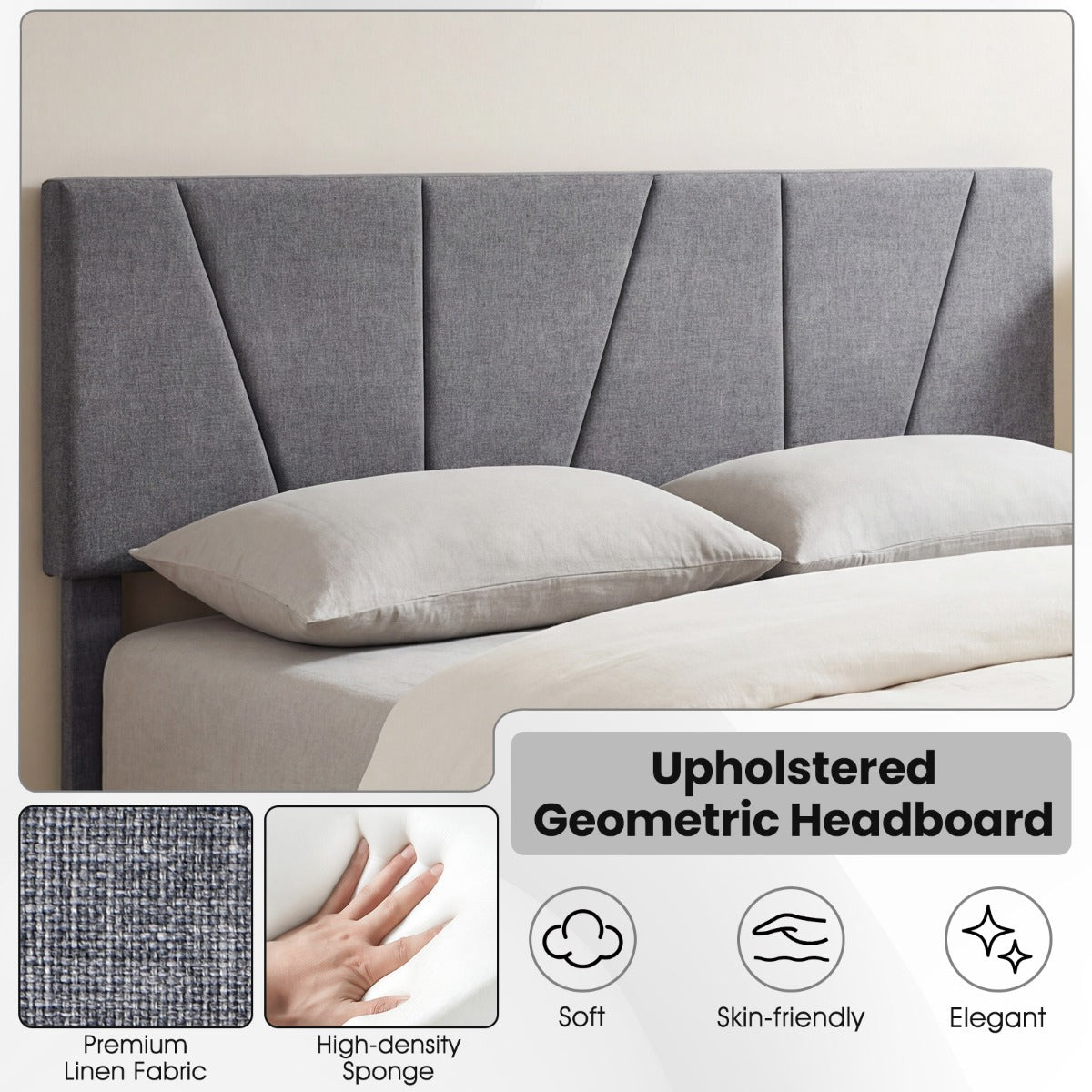 Livsk costway tweepersoonsbedframe met linnen bekleed platformbed met in hoogte verstelbaar geometrisch hoofdeinde 200 x 160 cm 6