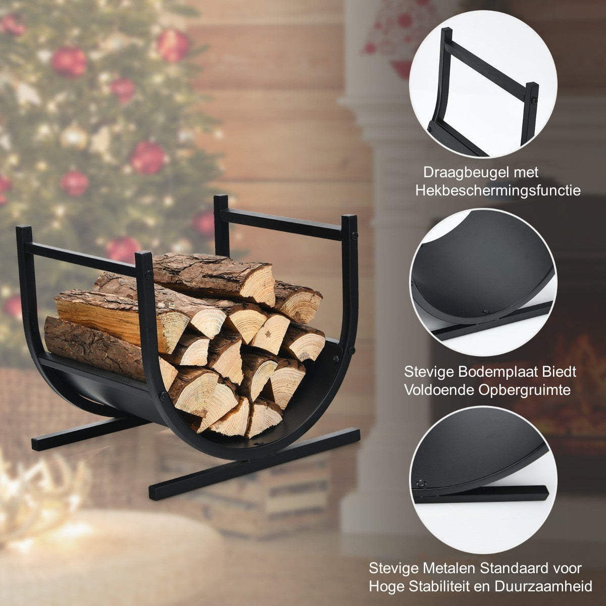 LIVSK Haardhoutrek - Stevig U-vormig Ontwerp - 30 kg Capaciteit - Houdt Hout Droog - 43 x 37 x 39,5 cm - Zwart
