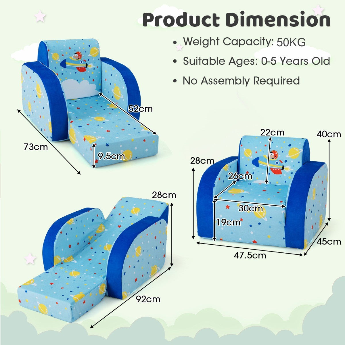 LIVSK 3-in-1 Kinderslaapbank - Zachte Velours Stof - Veiligheidsrits - Ergonomische Rugleuning - Tot 50 kg - Blauw