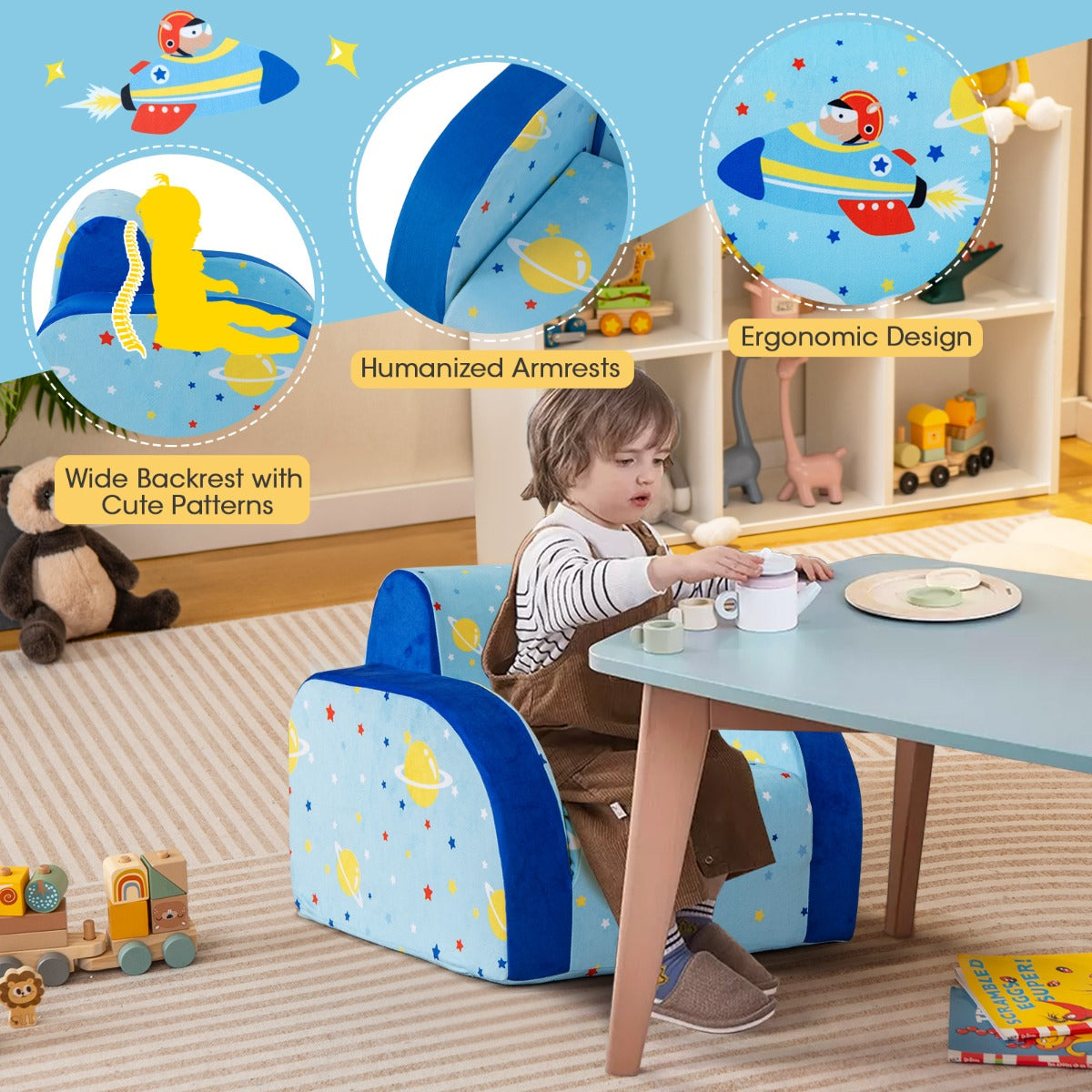 LIVSK 3-in-1 Kinderslaapbank - Zachte Velours Stof - Veiligheidsrits - Ergonomische Rugleuning - Tot 50 kg - Blauw