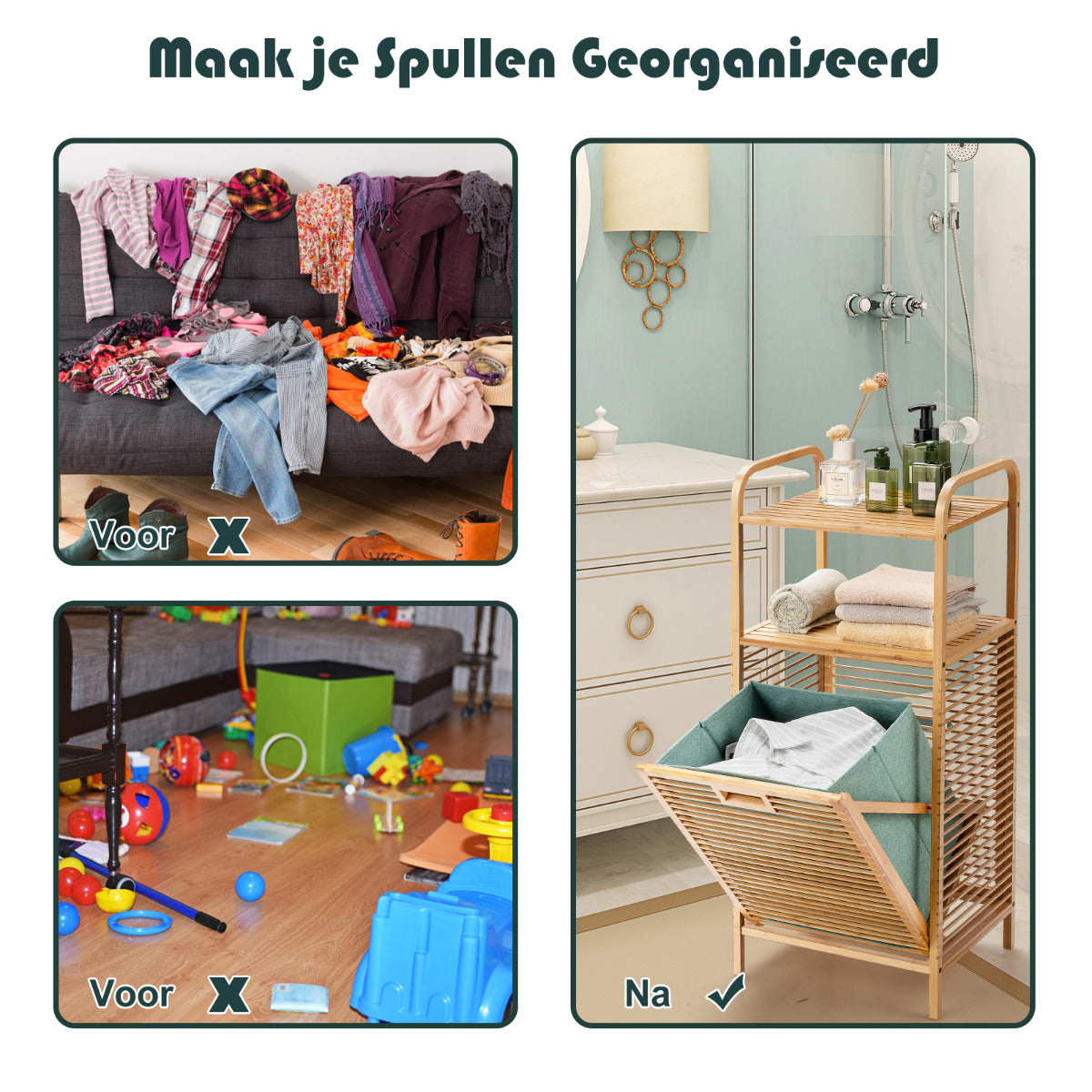 LIVSK Kantelbare Wasmand - Duurzaam Bamboe - 2-laagse Opbergruimte - Ruimtebesparend - Eenvoudig te Verplaatsen - Natuurlijk