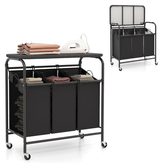 LIVSK Wasmand met Strijkplank - Driedubbele Capaciteit - 3 Uitneembare Zakken - Verstelbare Wielen - 80,5 x 41,5 x 87,5 cm -