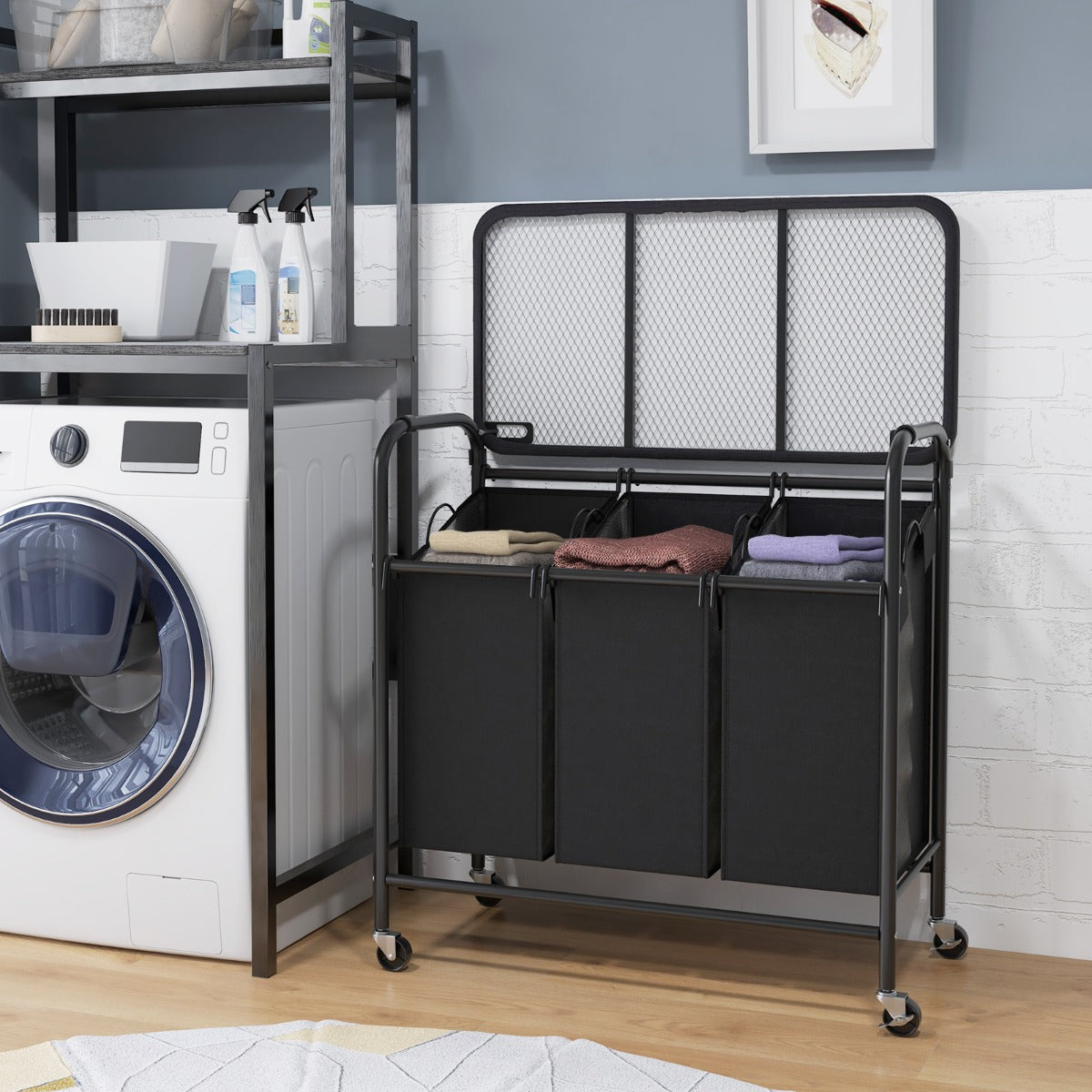 LIVSK Wasmand met Strijkplank - Driedubbele Capaciteit - 3 Uitneembare Zakken - Verstelbare Wielen - 80,5 x 41,5 x 87,5 cm -