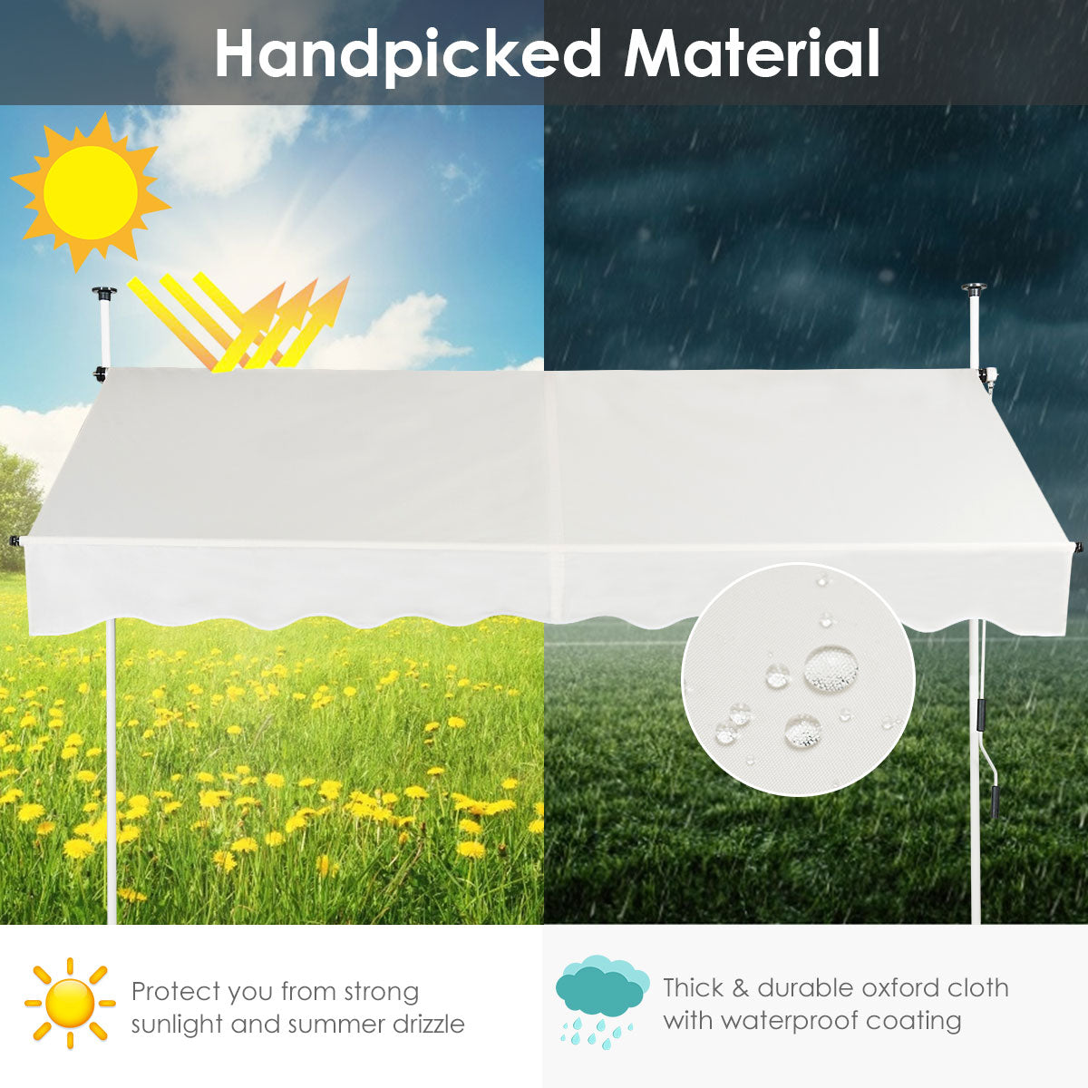 LIVSK Intrekbaar Zonnescherm - Verstelbaar met Handzwengel - Duurzaam Aluminium en Oxford-stof - Weerbestendig - 250 x 120 cm -