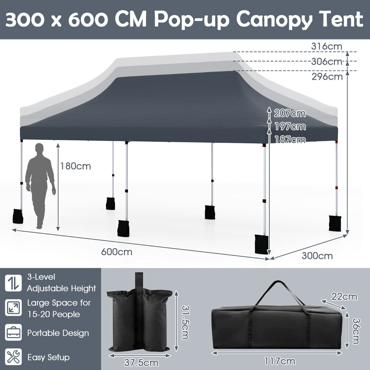 LIVSK Tuinpaviljoen 300 x 600 cm - Waterdicht en Opvouwbaar - Verstelbare Hoogte 296/306/316 cm - Voor 15-20 Personen - Zwart