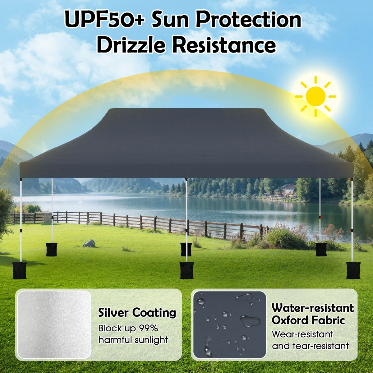 LIVSK Tuinpaviljoen 300 x 600 cm - Waterdicht en Opvouwbaar - Verstelbare Hoogte 296/306/316 cm - Voor 15-20 Personen - Zwart