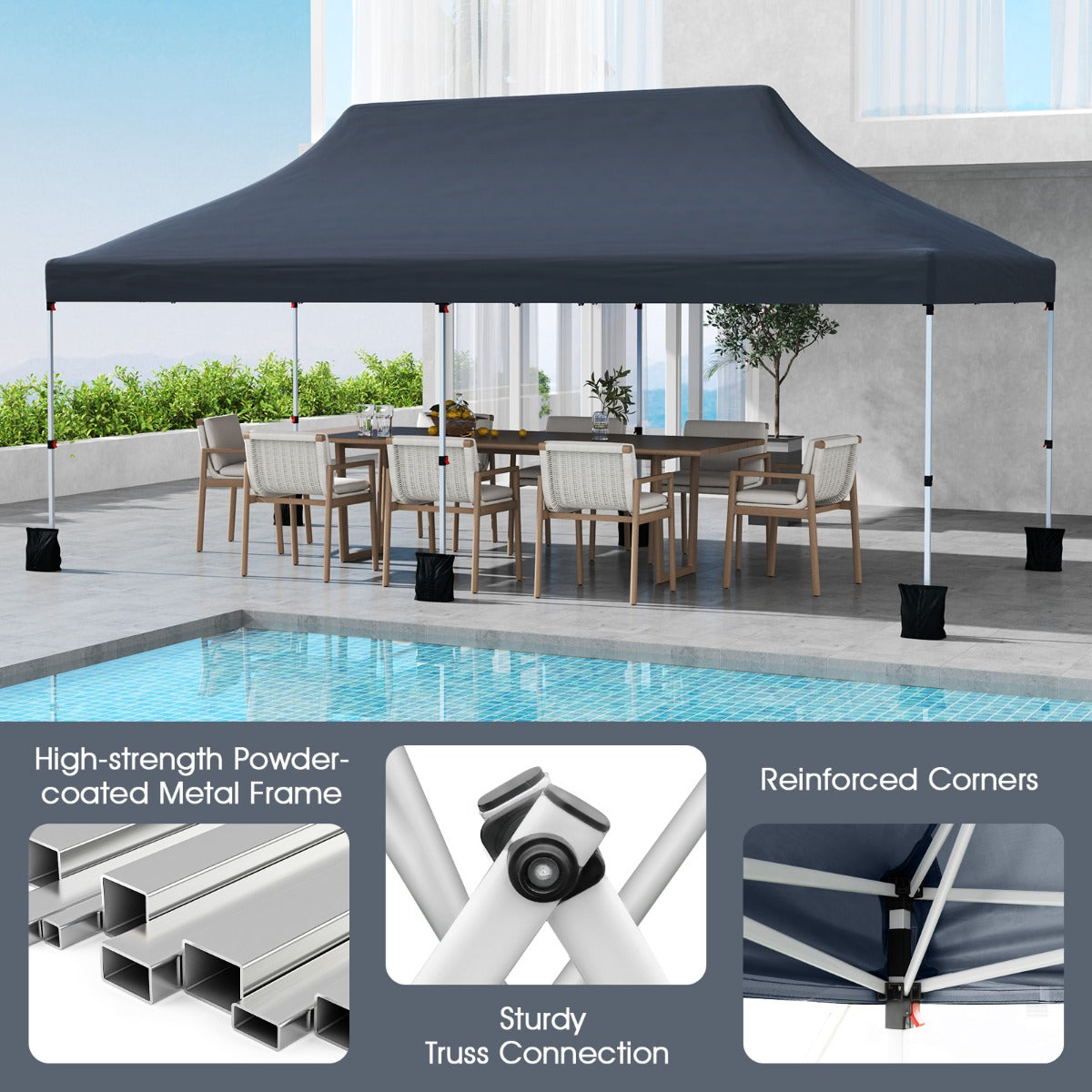 LIVSK Tuinpaviljoen 300 x 600 cm - Waterdicht en Opvouwbaar - Verstelbare Hoogte 296/306/316 cm - Voor 15-20 Personen - Zwart