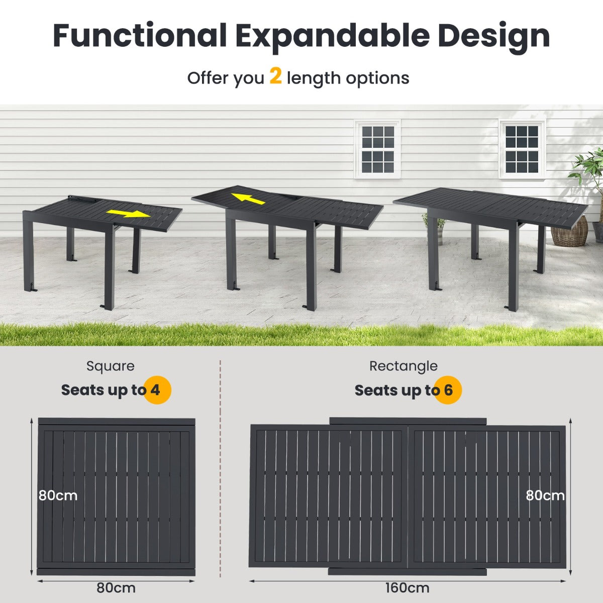 LIVSK Uitschuifbare Terraseettafel - Voor 4-6 Personen - Duurzaam Aluminium - Stabiele Constructie - 80/160 x 80 x 75 cm -