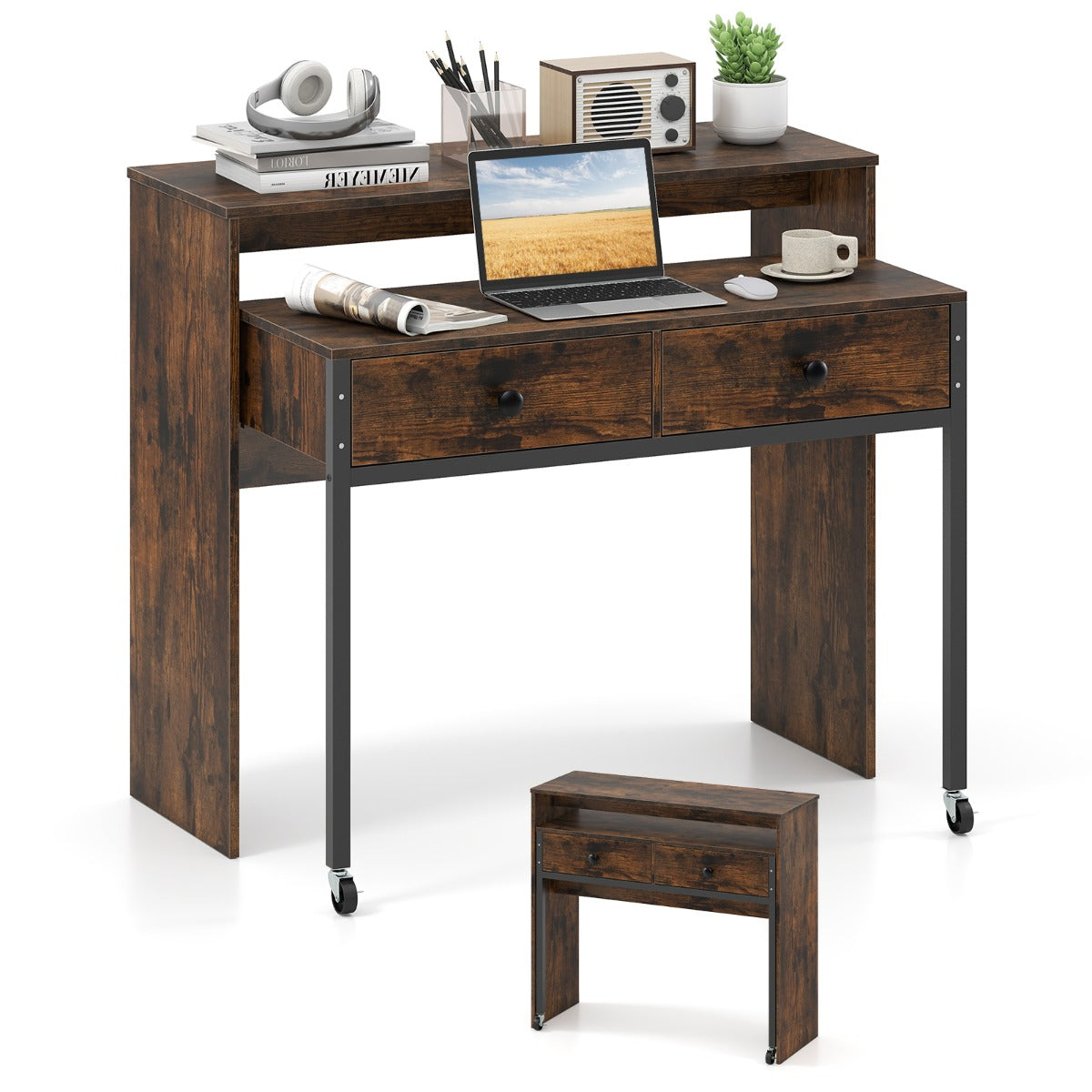 LIVSK Uitschuifbaar Bureau - Met 2 Lades en Vergrendelbare Wielen - Ruimtebesparend - 100 x 63 x 88 cm - Rustiek bruin