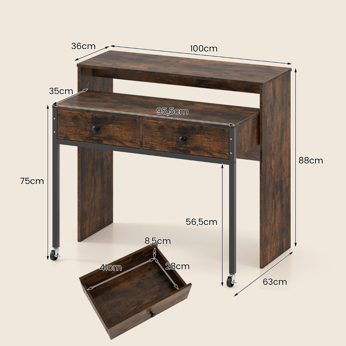 LIVSK Uitschuifbaar Bureau - Met 2 Lades en Vergrendelbare Wielen - Ruimtebesparend - 100 x 63 x 88 cm - Rustiek bruin