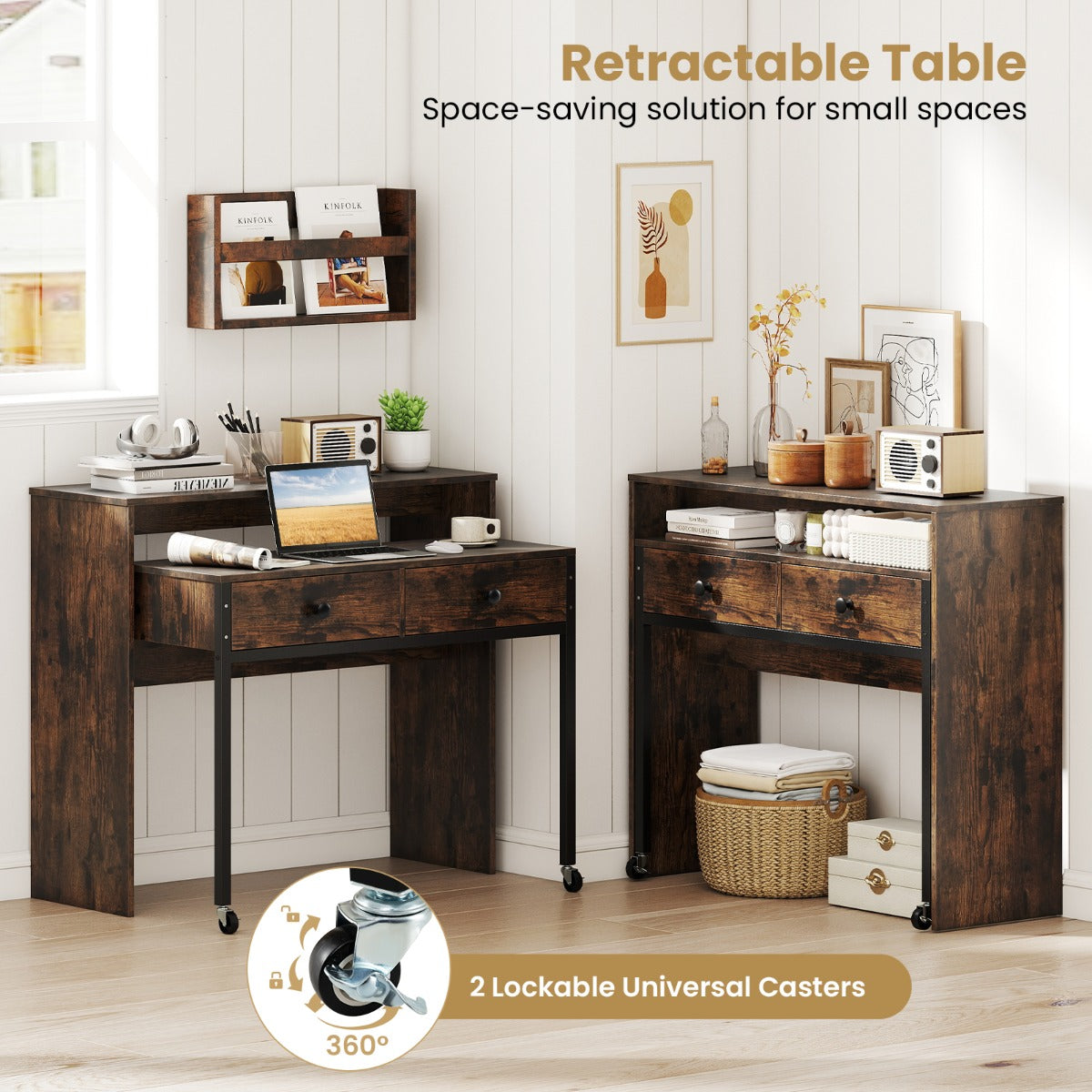 LIVSK Uitschuifbaar Bureau - Met 2 Lades en Vergrendelbare Wielen - Ruimtebesparend - 100 x 63 x 88 cm - Rustiek bruin