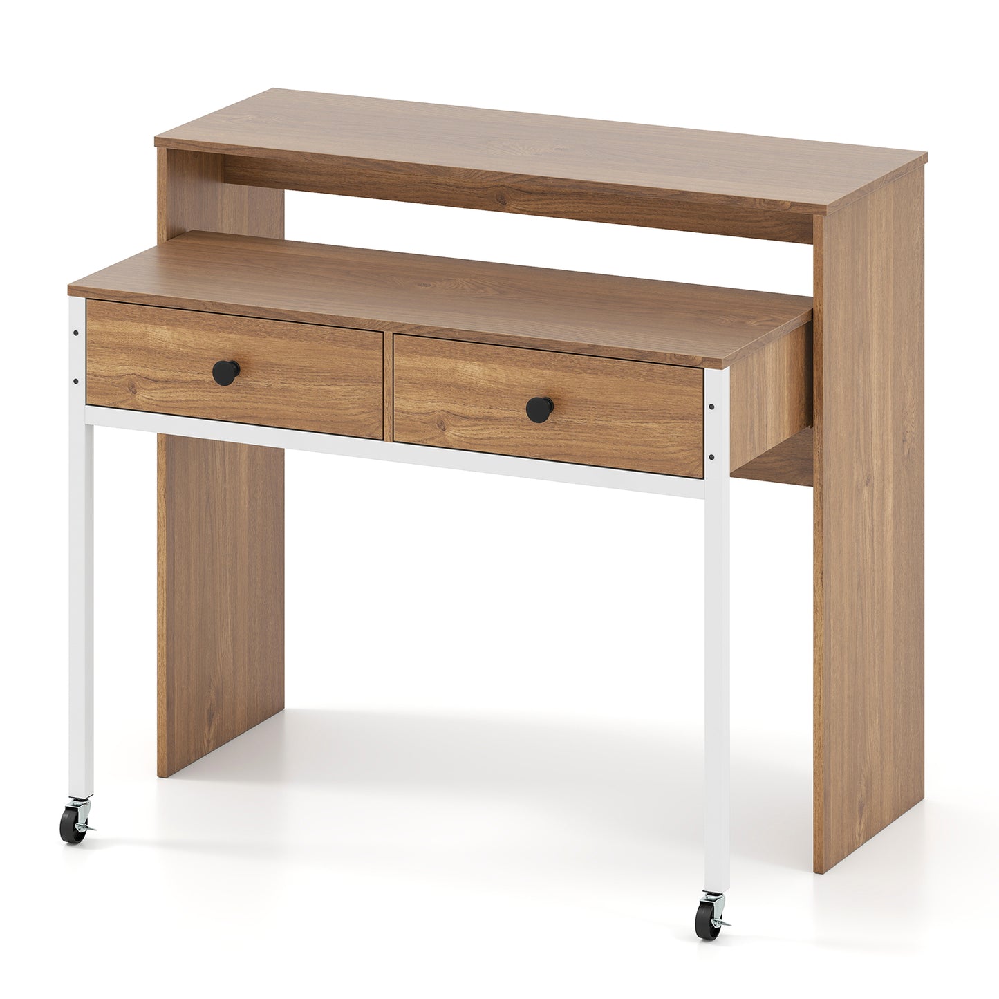 LIVSK Uitschuifbaar Bureau - Multifunctioneel met 2 Lades en Vergrendelbare Wielen - 100 x 63 x 88 cm - Natuurlijk