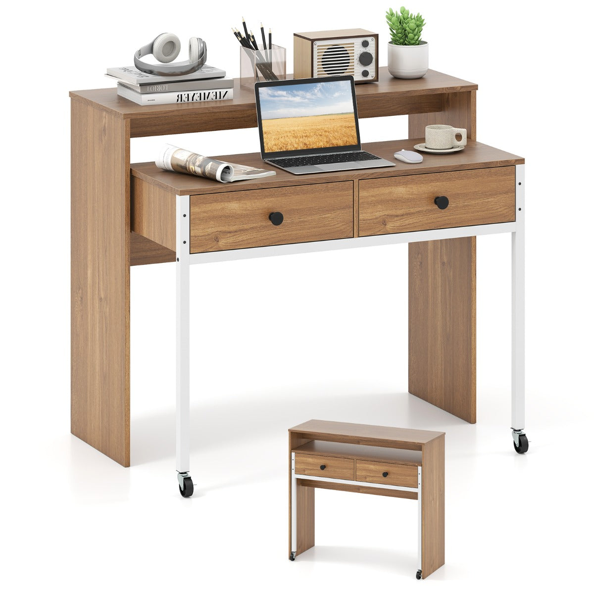 LIVSK Uitschuifbaar Bureau - Multifunctioneel met 2 Lades en Vergrendelbare Wielen - 100 x 63 x 88 cm - Natuurlijk