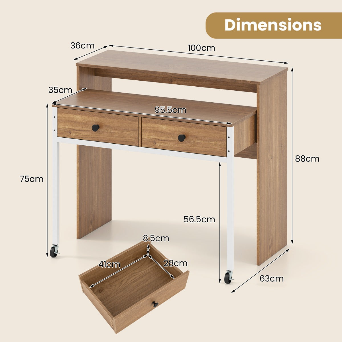 LIVSK Uitschuifbaar Bureau - Multifunctioneel met 2 Lades en Vergrendelbare Wielen - 100 x 63 x 88 cm - Natuurlijk
