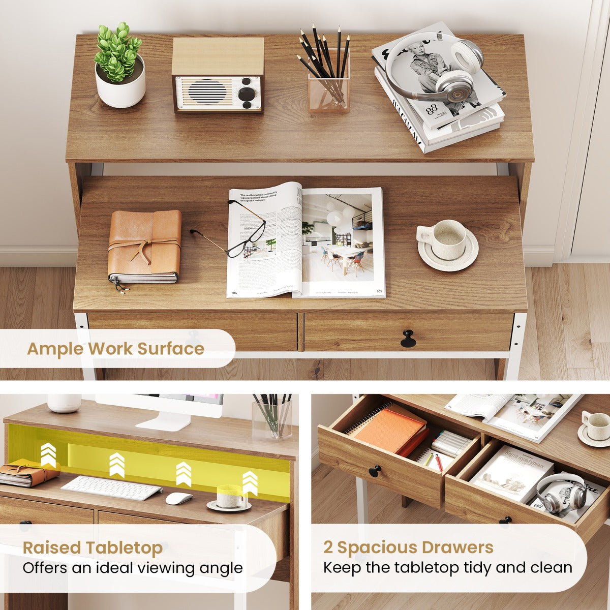 LIVSK Uitschuifbaar Bureau - Multifunctioneel met 2 Lades en Vergrendelbare Wielen - 100 x 63 x 88 cm - Natuurlijk