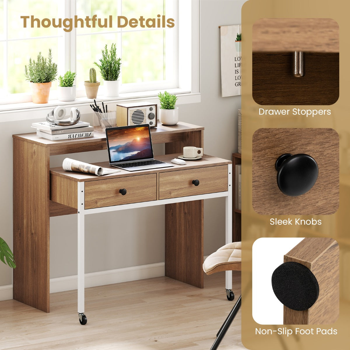 LIVSK Uitschuifbaar Bureau - Multifunctioneel met 2 Lades en Vergrendelbare Wielen - 100 x 63 x 88 cm - Natuurlijk