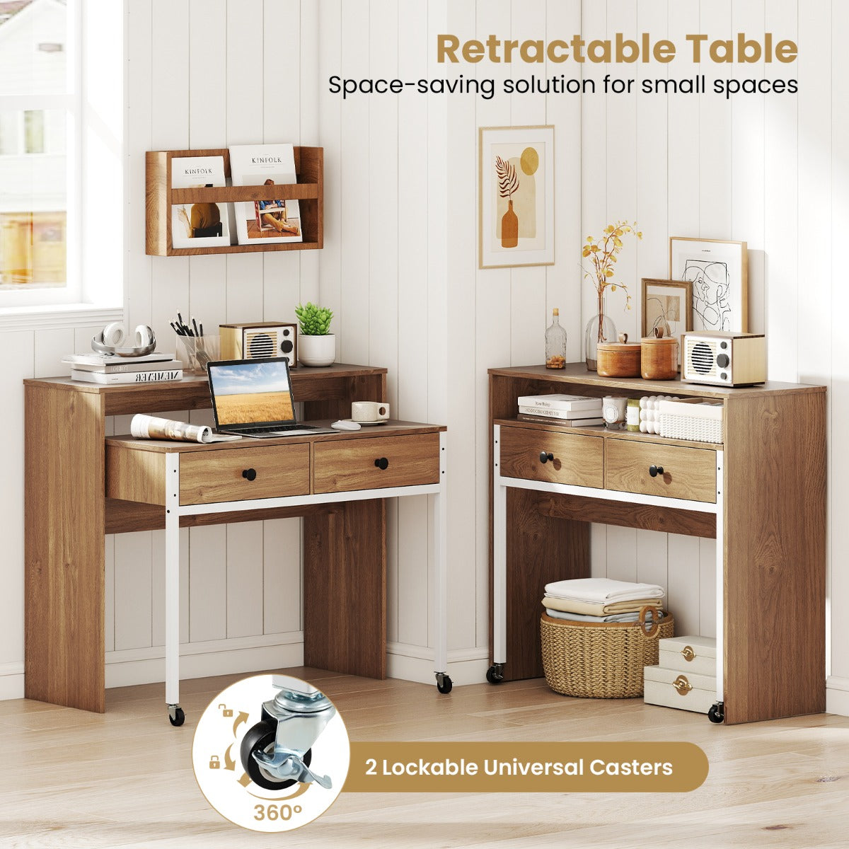 LIVSK Uitschuifbaar Bureau - Multifunctioneel met 2 Lades en Vergrendelbare Wielen - 100 x 63 x 88 cm - Natuurlijk