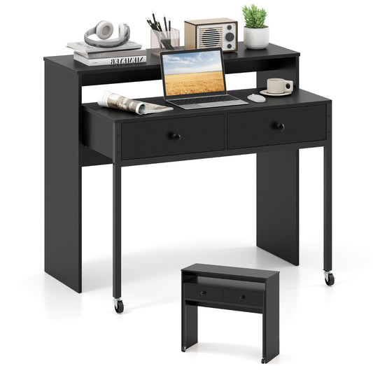 LIVSK Uitschuifbaar Bureau met 2 Lades - Vergrendelbare Wielen - Flexibel Ontwerp - 100 x 63 x 88 cm - Zwart