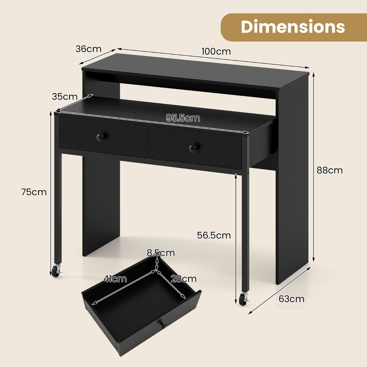 LIVSK Uitschuifbaar Bureau met 2 Lades - Vergrendelbare Wielen - Flexibel Ontwerp - 100 x 63 x 88 cm - Zwart