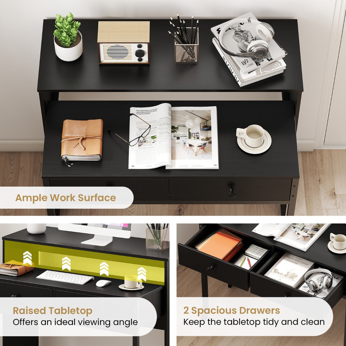 LIVSK Uitschuifbaar Bureau met 2 Lades - Vergrendelbare Wielen - Flexibel Ontwerp - 100 x 63 x 88 cm - Zwart