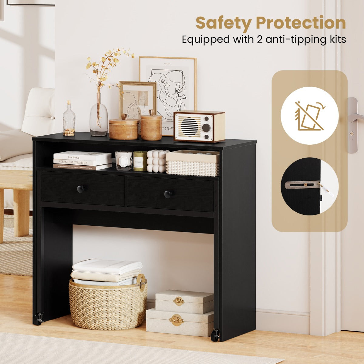 LIVSK Uitschuifbaar Bureau met 2 Lades - Vergrendelbare Wielen - Flexibel Ontwerp - 100 x 63 x 88 cm - Zwart