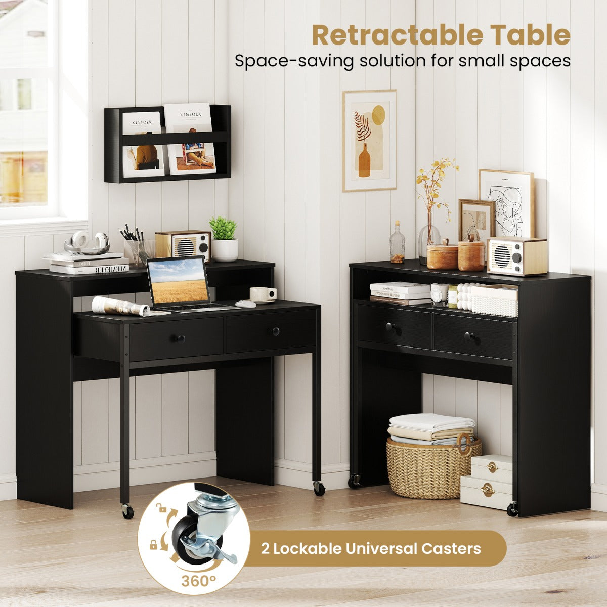 LIVSK Uitschuifbaar Bureau met 2 Lades - Vergrendelbare Wielen - Flexibel Ontwerp - 100 x 63 x 88 cm - Zwart