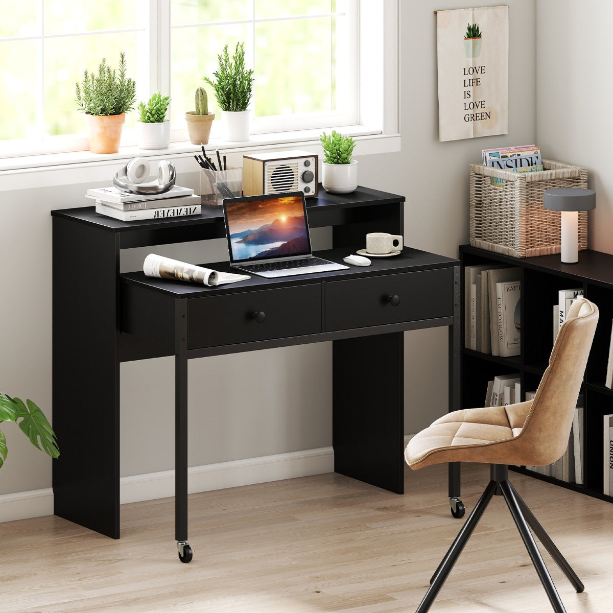LIVSK Uitschuifbaar Bureau met 2 Lades - Vergrendelbare Wielen - Flexibel Ontwerp - 100 x 63 x 88 cm - Zwart