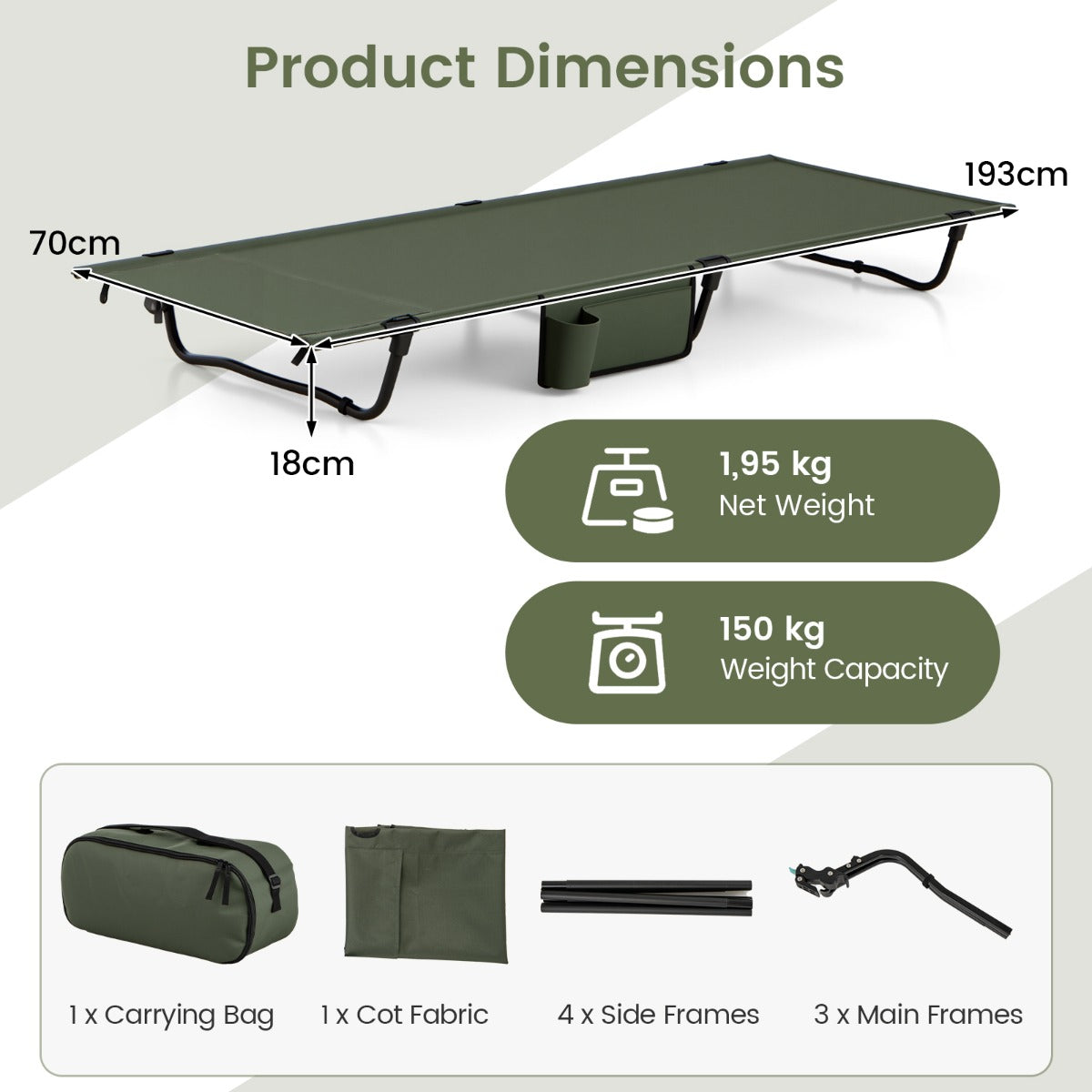 LIVSK Opvouwbaar Campingbed - Draagvermogen 150 kg - Kussencompartiment - Eenvoudige Montage - Ultralicht - 193 x 70 x 18 cm -