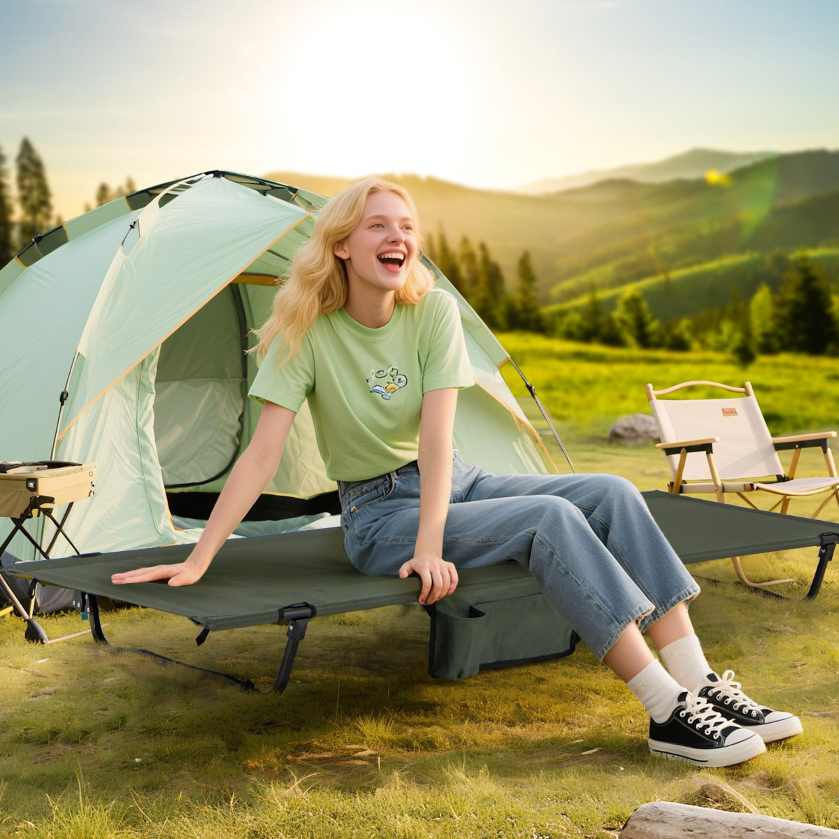 LIVSK Opvouwbaar Campingbed - Draagvermogen 150 kg - Kussencompartiment - Eenvoudige Montage - Ultralicht - 193 x 70 x 18 cm -