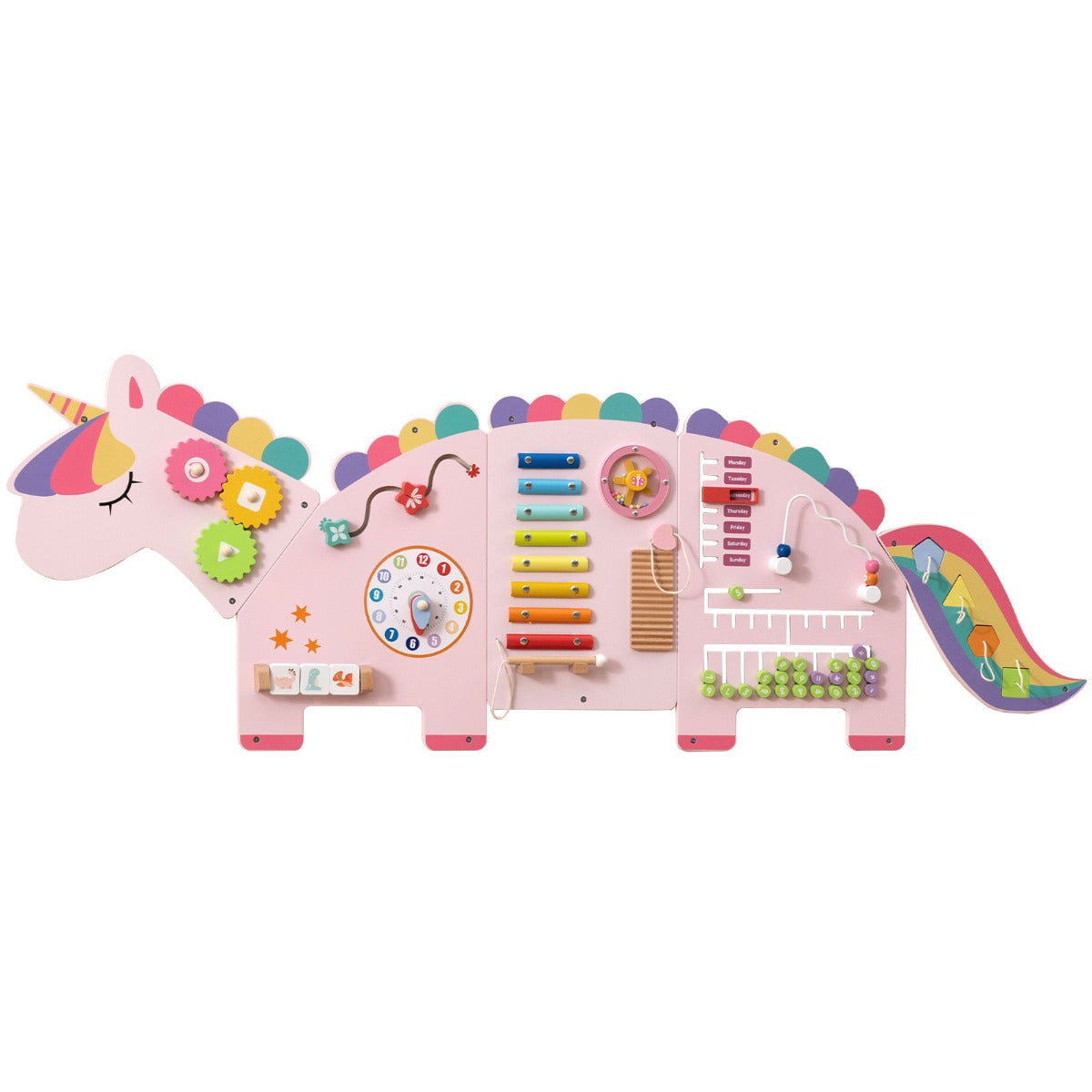 Livsk costway unicorn activity board busy board panel geschikt voor peuters 11 in 1 montessori houten sensorisch bord 1 3