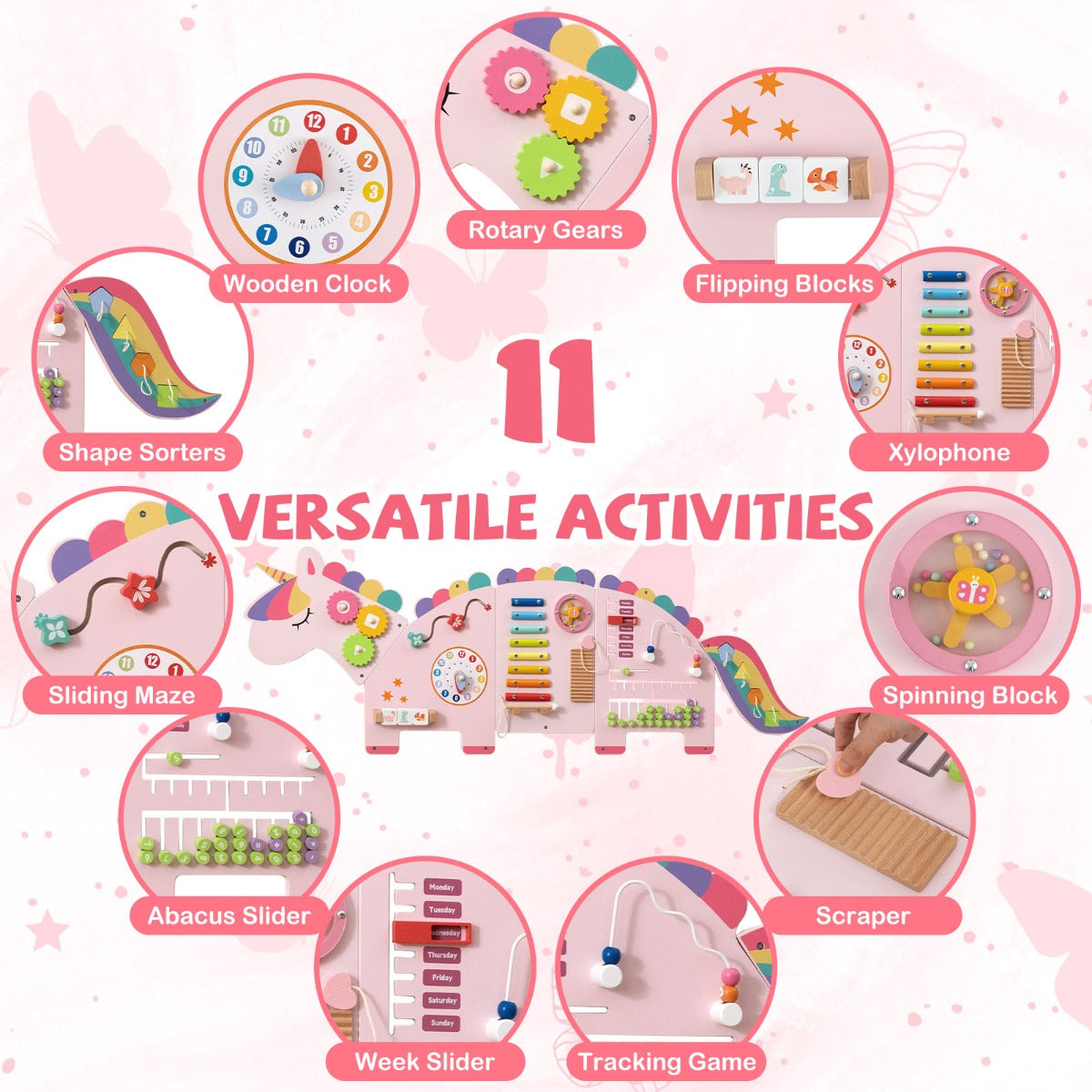 Livsk costway unicorn activity board busy board panel geschikt voor peuters 11 in 1 montessori houten sensorisch bord 3 2