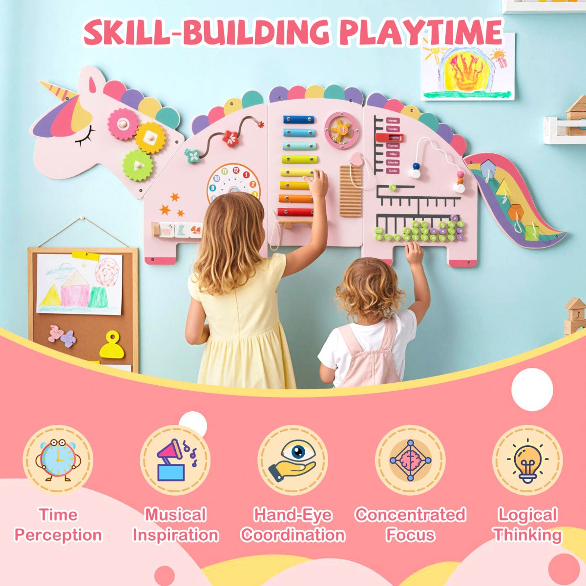 Livsk costway unicorn activity board busy board panel geschikt voor peuters 11 in 1 montessori houten sensorisch bord 5 2