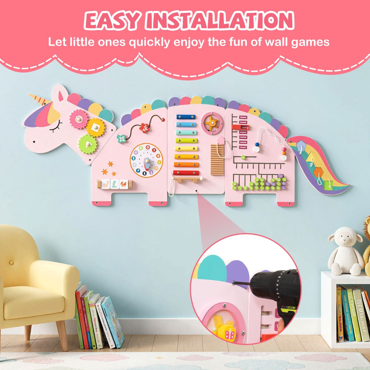 Livsk costway unicorn activity board busy board panel geschikt voor peuters 11 in 1 montessori houten sensorisch bord 6 2