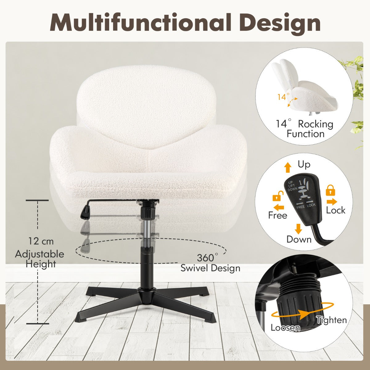LIVSK Ergonomische Bureaustoel - Brede Zitting 60 x 50 cm - Verstelbare Zithoogte 42-54 cm - Kantelfunctie - Draaibaar - Wit