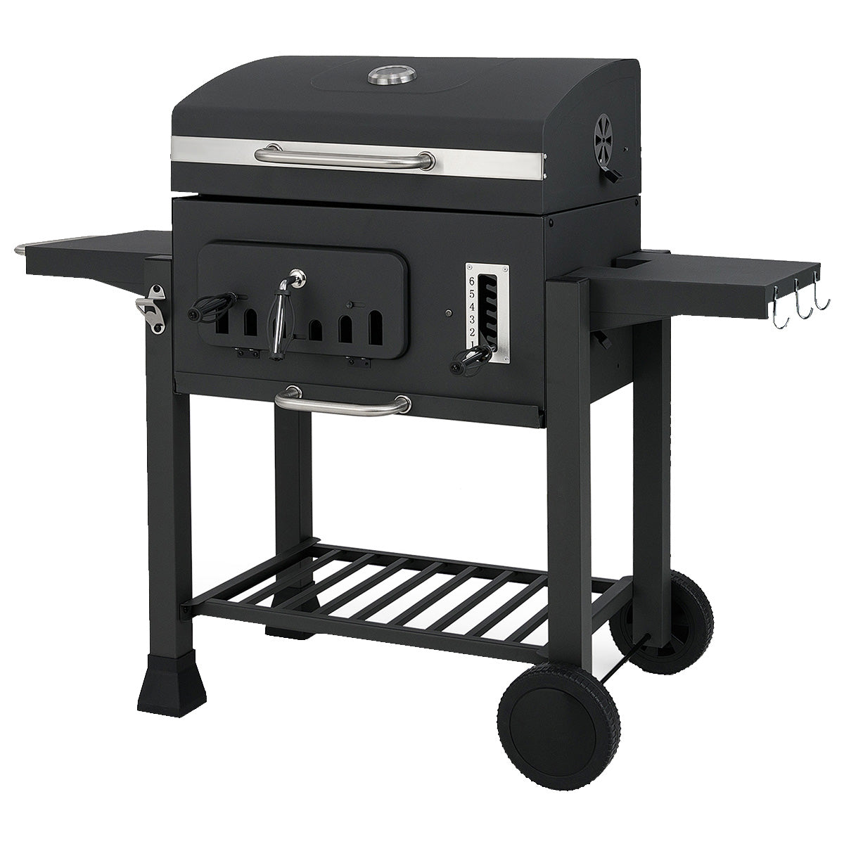 LIVSK Houtskoolgrill met Opklapbare Zijtafels - 6-traps Temperatuurcontrole - Ingebouwde Thermometer - Mobiel met Wielen - Zwart