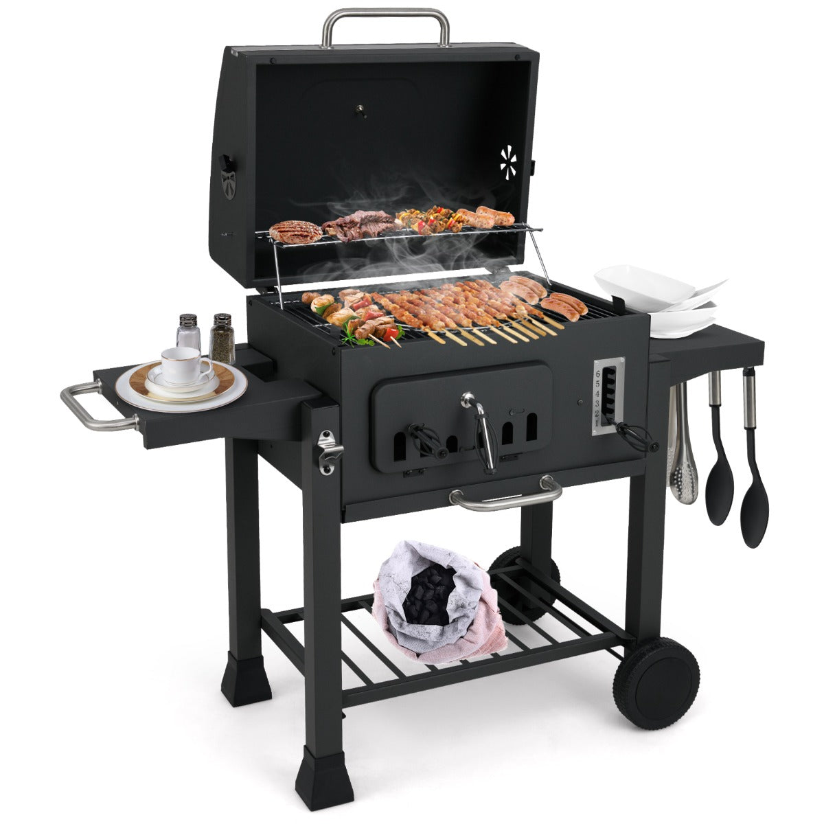 LIVSK Houtskoolgrill met Opklapbare Zijtafels - 6-traps Temperatuurcontrole - Ingebouwde Thermometer - Mobiel met Wielen - Zwart