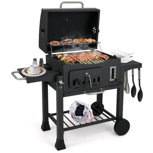 LIVSK Houtskoolgrill met Opklapbare Zijtafels - 6-traps Temperatuurcontrole - Ingebouwde Thermometer - Mobiel met Wielen - Zwart