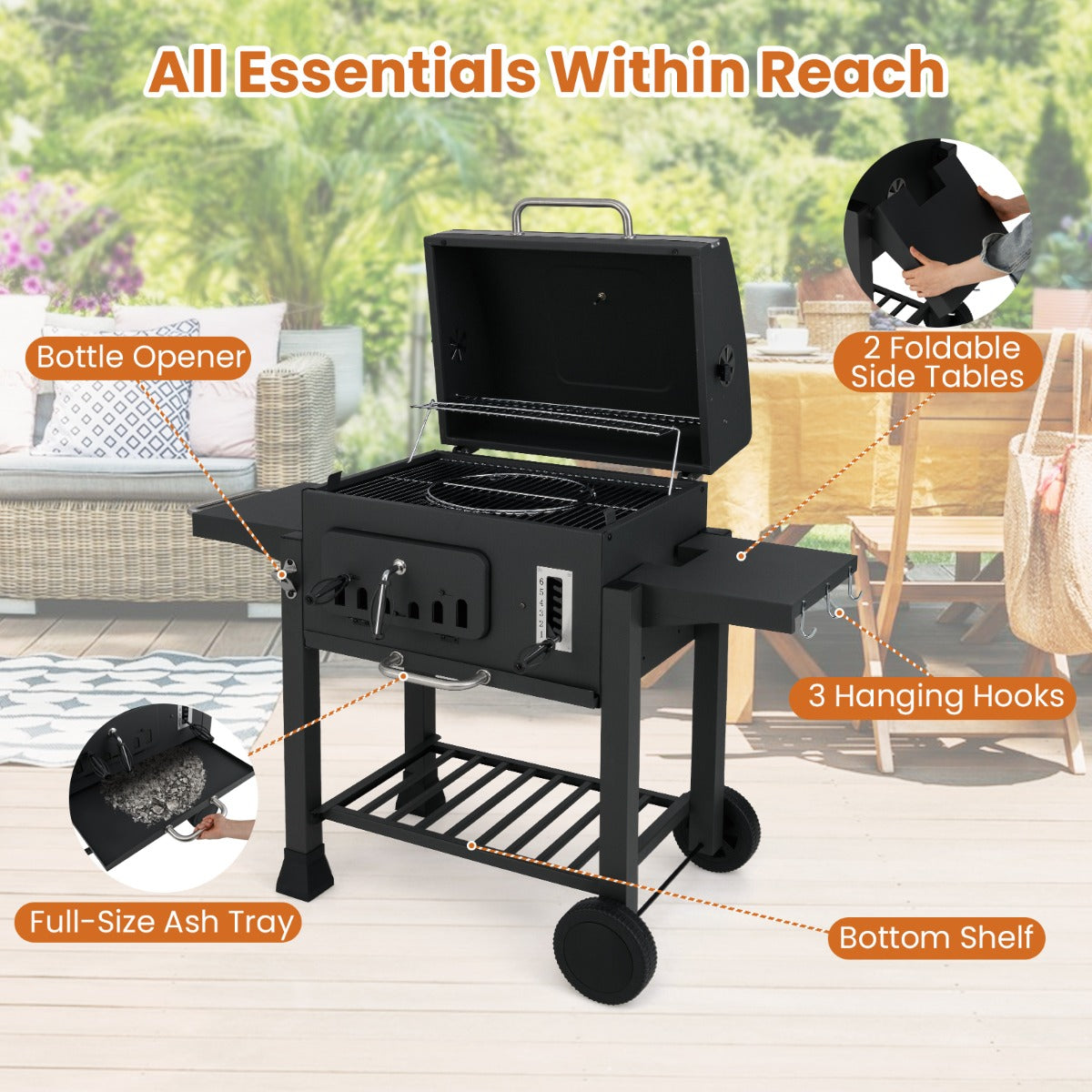 LIVSK Houtskoolgrill met Opklapbare Zijtafels - 6-traps Temperatuurcontrole - Ingebouwde Thermometer - Mobiel met Wielen - Zwart