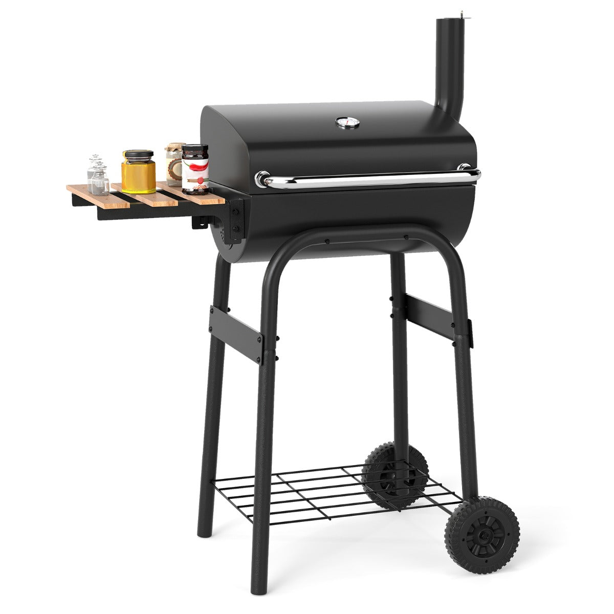 Livsk costway vatenvormige houtskoolbarbecue draagbare barbecue voor buiten met opklapbare zijtafels thermostaat en opbergvak