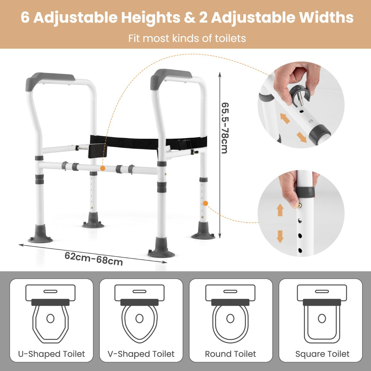 LIVSK Verstelbare Toiletveiligheidsleuning - Opklapbaar - Robuust Koolstofstaal - Eenvoudige Montage - Tot 136 kg - Grijs + Wit