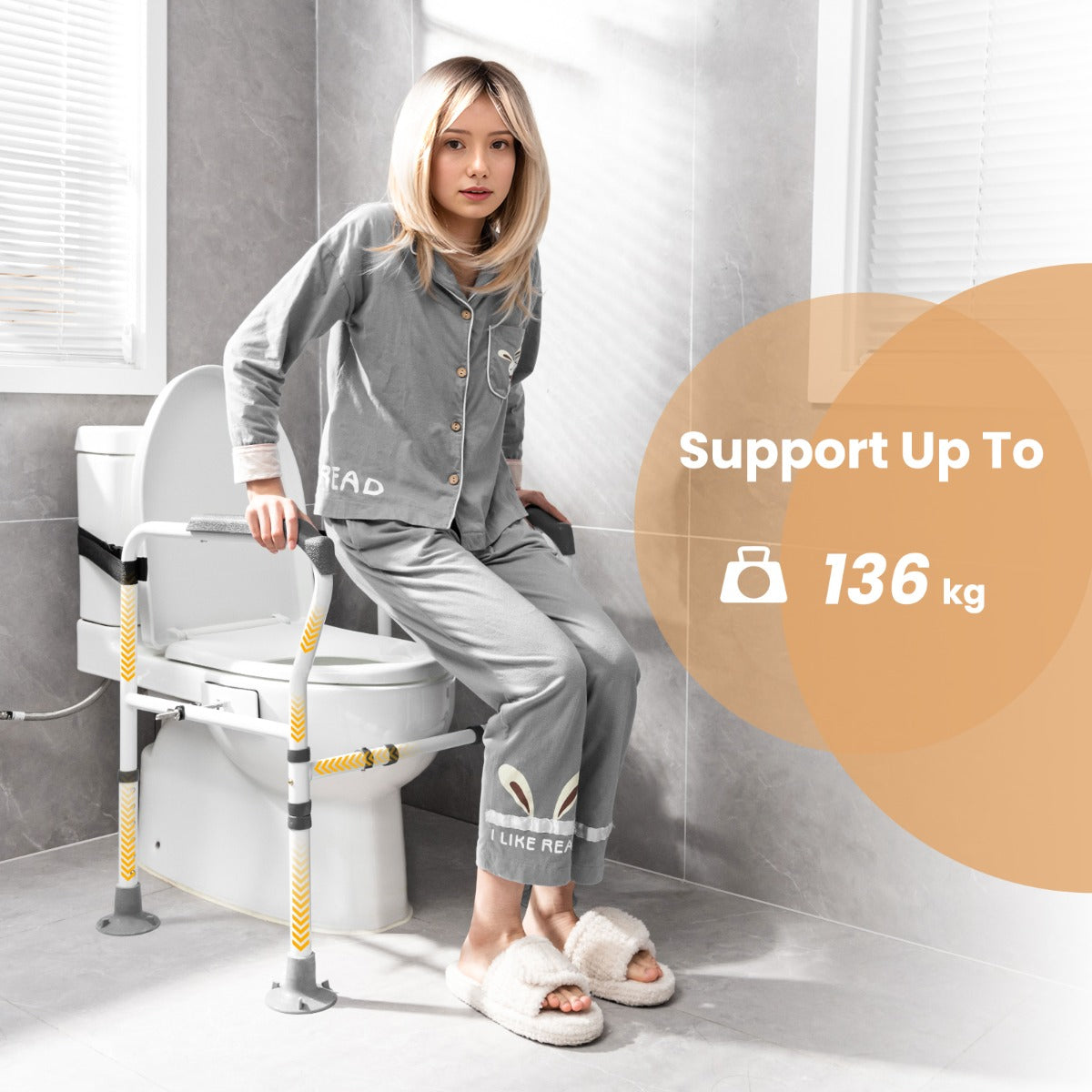LIVSK Verstelbare Toiletveiligheidsleuning - Opklapbaar - Robuust Koolstofstaal - Eenvoudige Montage - Tot 136 kg - Grijs + Wit